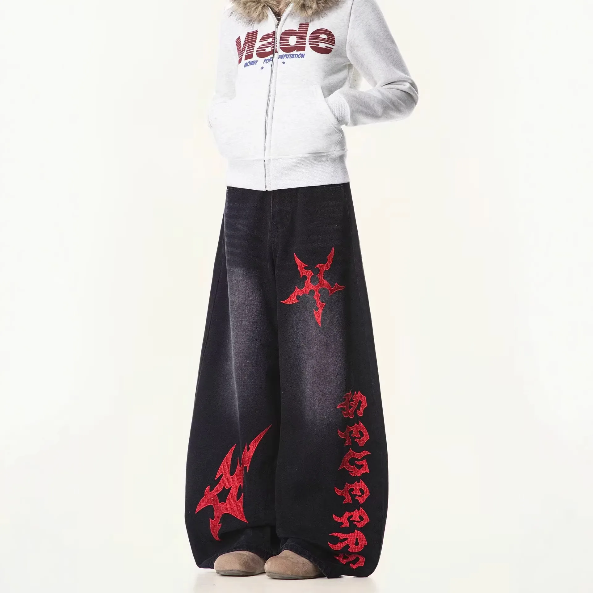 

2026 New Casual Skull Embroidery Denim Jeans Women's Vintage Hip Hop Summer Leisure Straight Leg Non Stretch Natural Waist