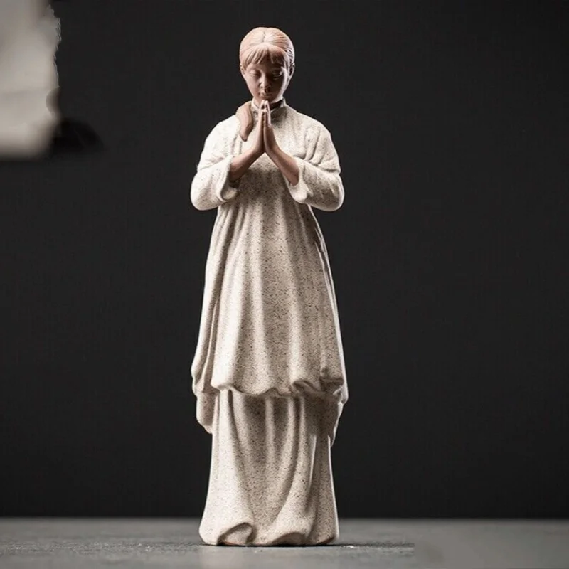 New Chinese Zi Sha Girl Statue Meditation Praying Zen Figure Decor Statue