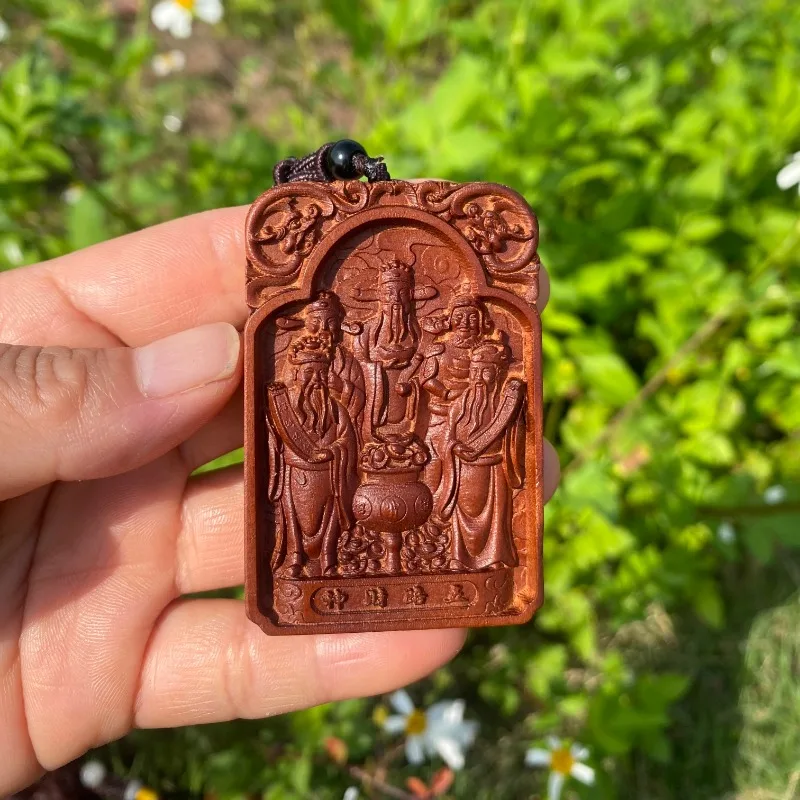 

Hand Carved Jujube Wood Five Roads Wealth God Pendant Charm Talisman - Taoist Lucky Protection Feng Shui Car Bag Hanging