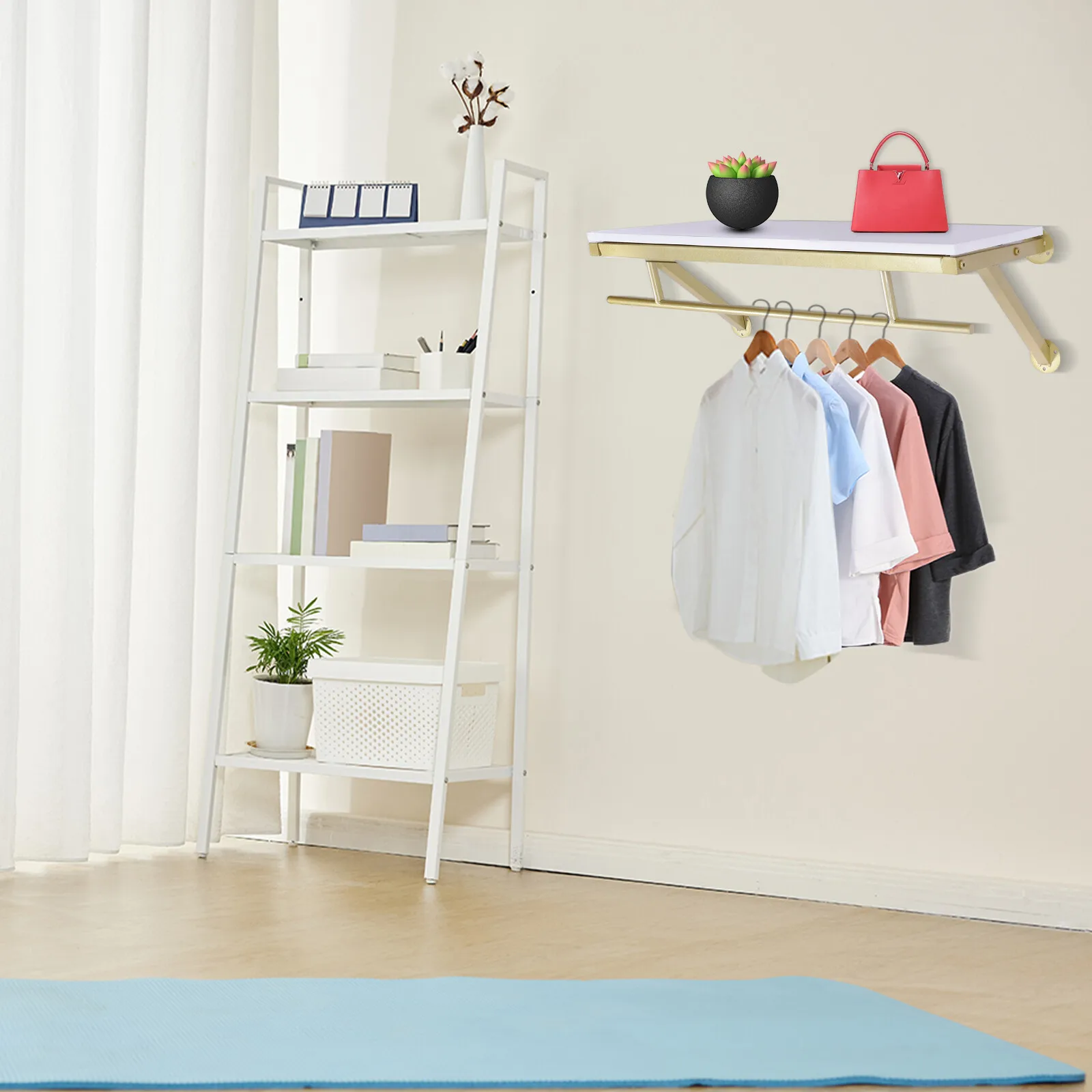 

Gold Clothing Rack Wall Mounted Garment Display Storage Rack 31.49*11.81*14.96 Inch with Hanging Bar