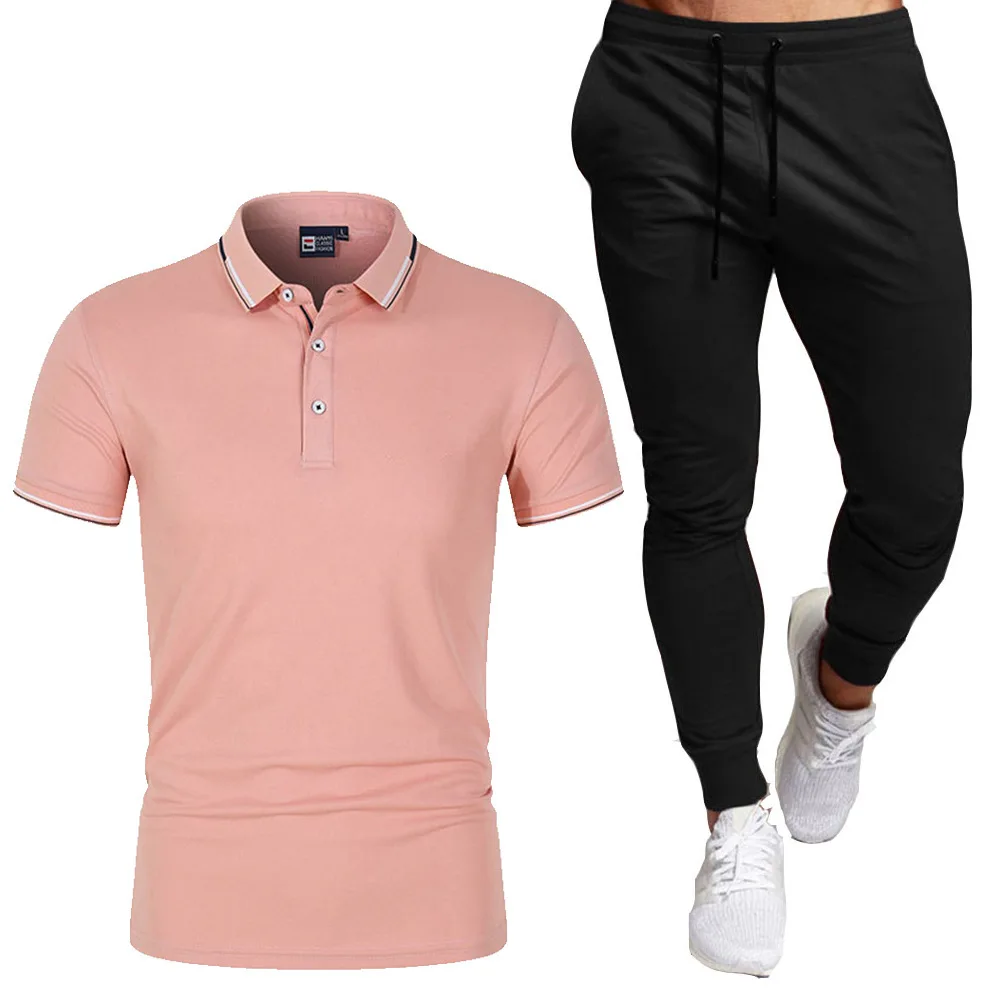 

2025 European and American Summer Polo Shirt Short Sleeve Pants Set Fashion Collar Color blocked Men's Casual Sports Set in Stoc