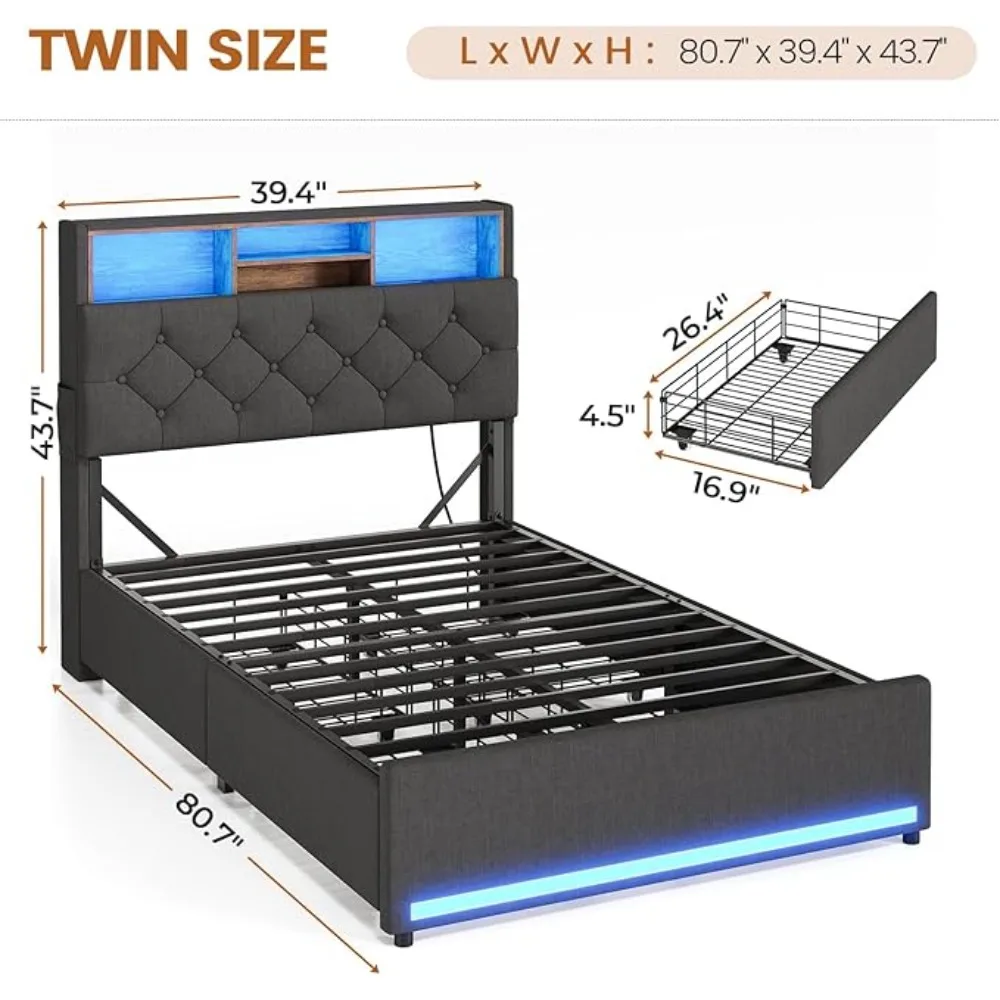 Twin Size Bed Frame with Charging Station & 4 Drawers Bed Frame with Headboard Storage Upholstered Metal Bed Frame