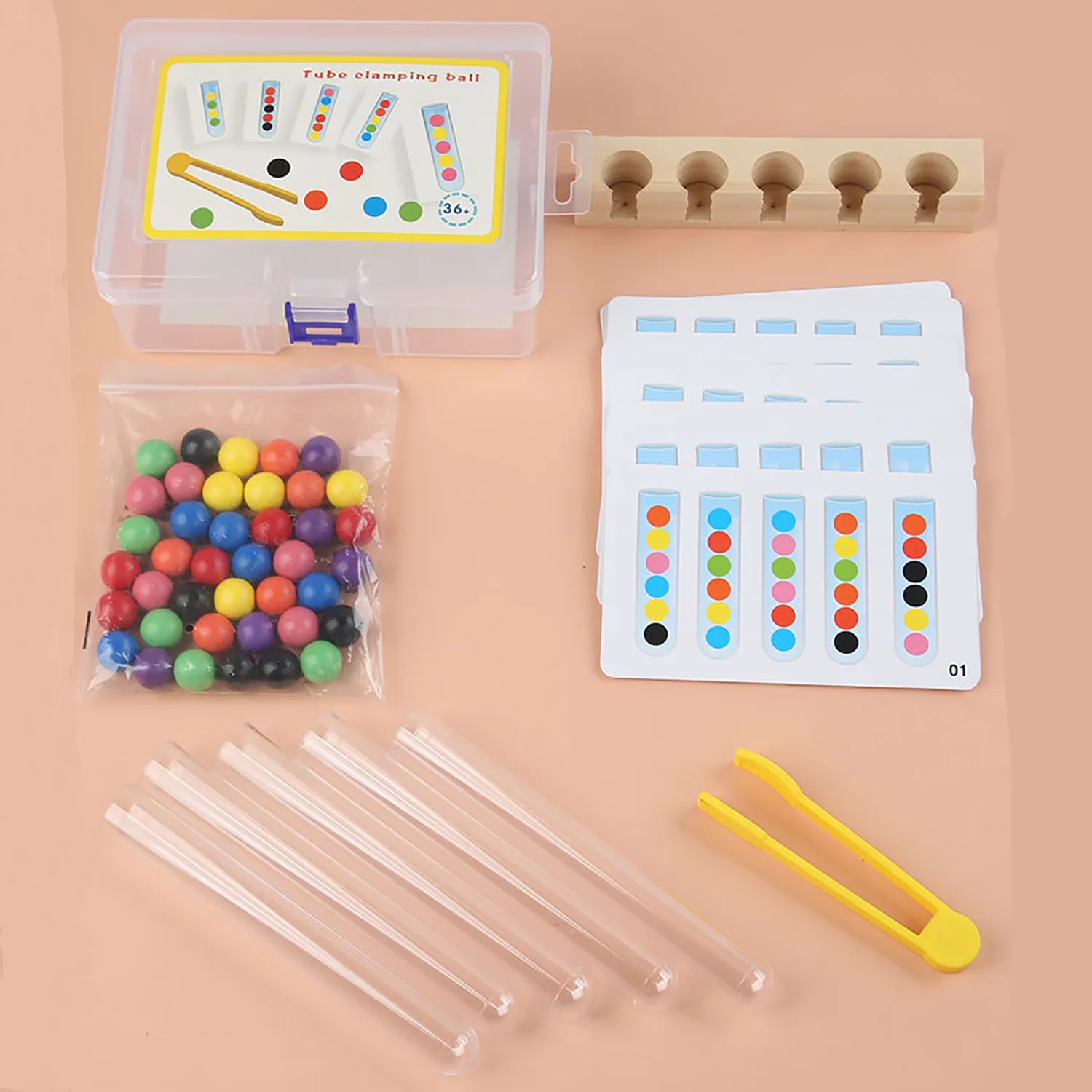 Drewniana zabawka edukacyjna dla dzieci: probówki, klipsy, koraliki, rozpoznawanie kolorów, interaktywna układanka dla rodziców i dzieci.
