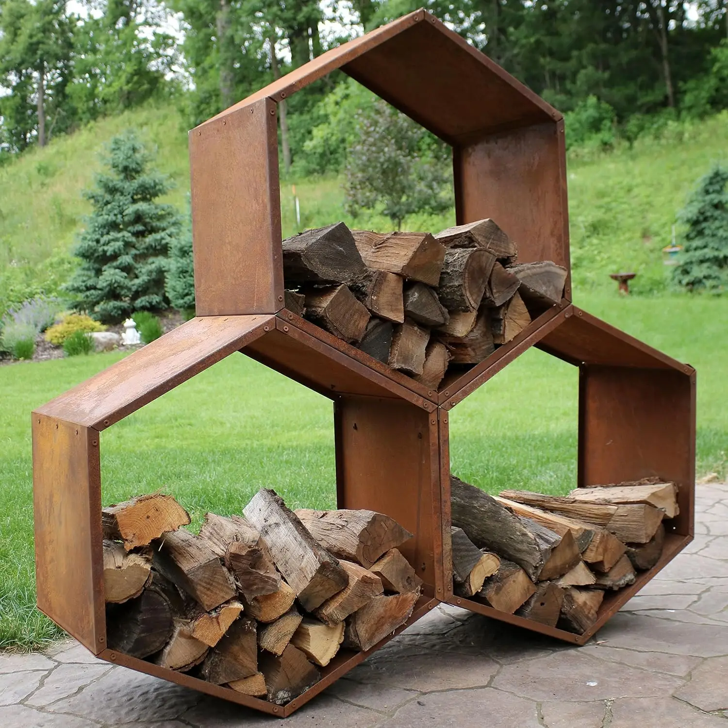 Sunnydaze Steel Outdoor Firewood Rack, 30” W, Hexagon, Bronze, Set of 3, Customized