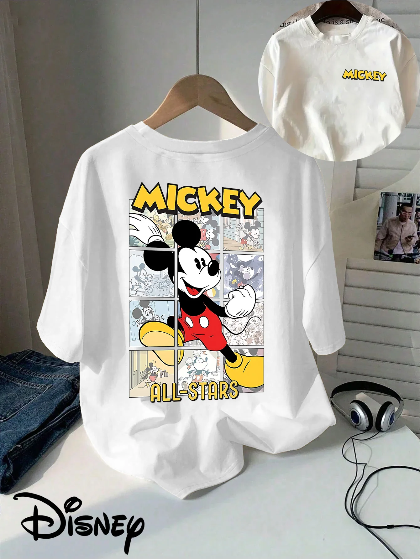 

Disney Women's Mickey Mouse Pattern Double Sided Printed Casual Short Sleeve Round Neck Top with Colorful Mickey Mouse Design