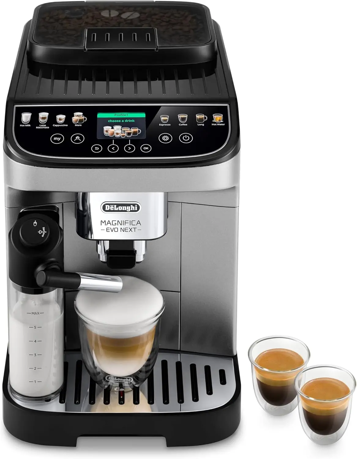 Magnifica Evo Next Fully Automatic Espresso Machine - Programmable Coffee Maker with Grinder and Milk Frother - Hot & Cold Brewe