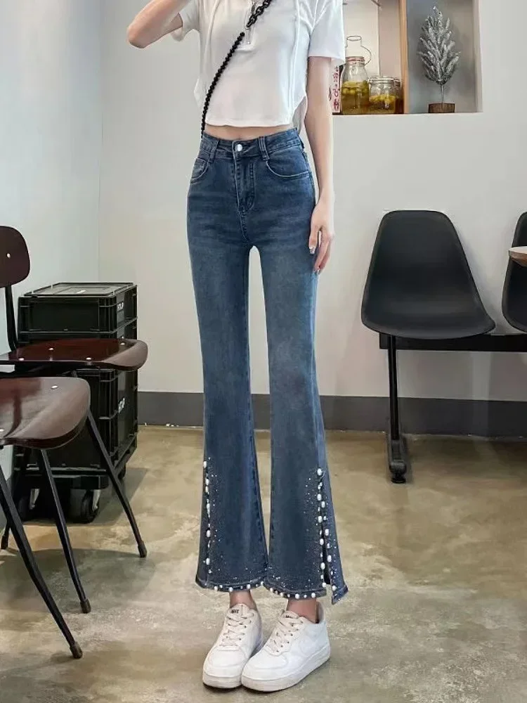 Hot Diamond Beaded Split Jeans For Women Spring Summer 2024 New High Waist Slim Bell-bottoms Trousers Denim Pants