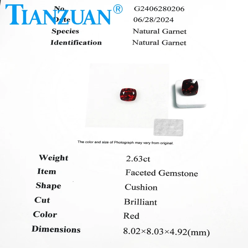 

2.63CT Natural Garnet Gemstone Red Color Cushion Shape Brilliant Cut Loose Gem Stone with GRC Certified