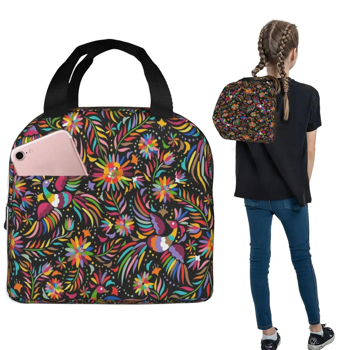 Traditional Mexican Colorful Insulated Lunch Bag for Women Kids Portable Food Boxes Thermal Lunch Box Tote