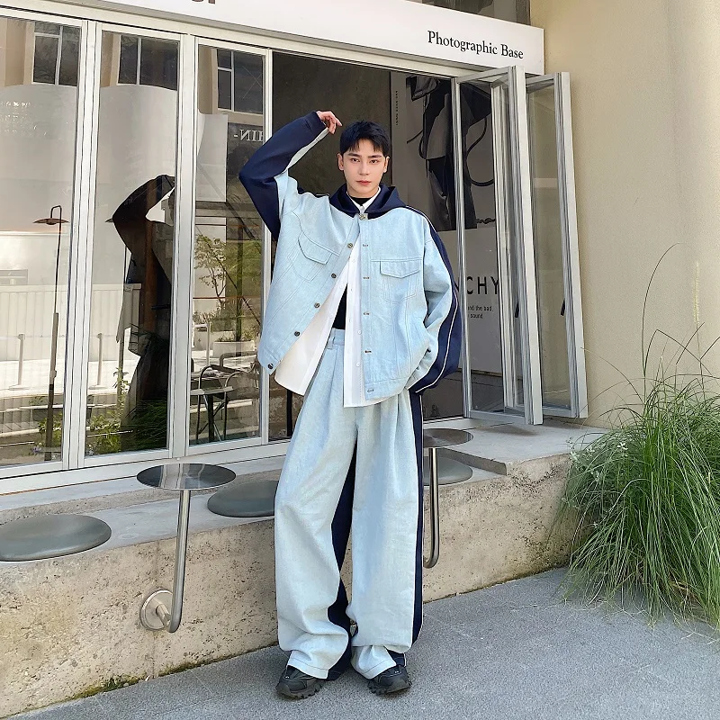 

Fall Fashion High Waist Wide Leg Pants Jacket Set Men's Long Sleeve Clothing Youth Style Classic Blue Denim Splicing Design