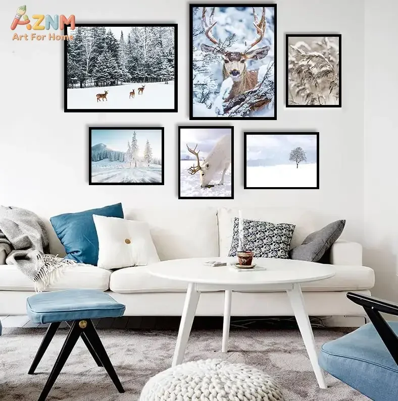 AZNM Winter Snow Forest Canvas Wall Art Reindeer Arctic Fox Owl Nature Landscape Print Unframed Canvas Painting Cabin Decor