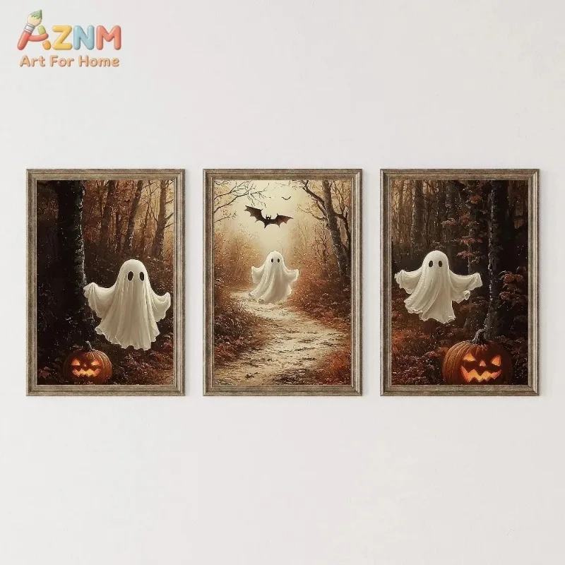 3Pcs Vintage Ghost Pumpkin Canvas Wall Art, Dark Forest Bat Halloween Print Frameless Canvas Painting, Spooky Autumn