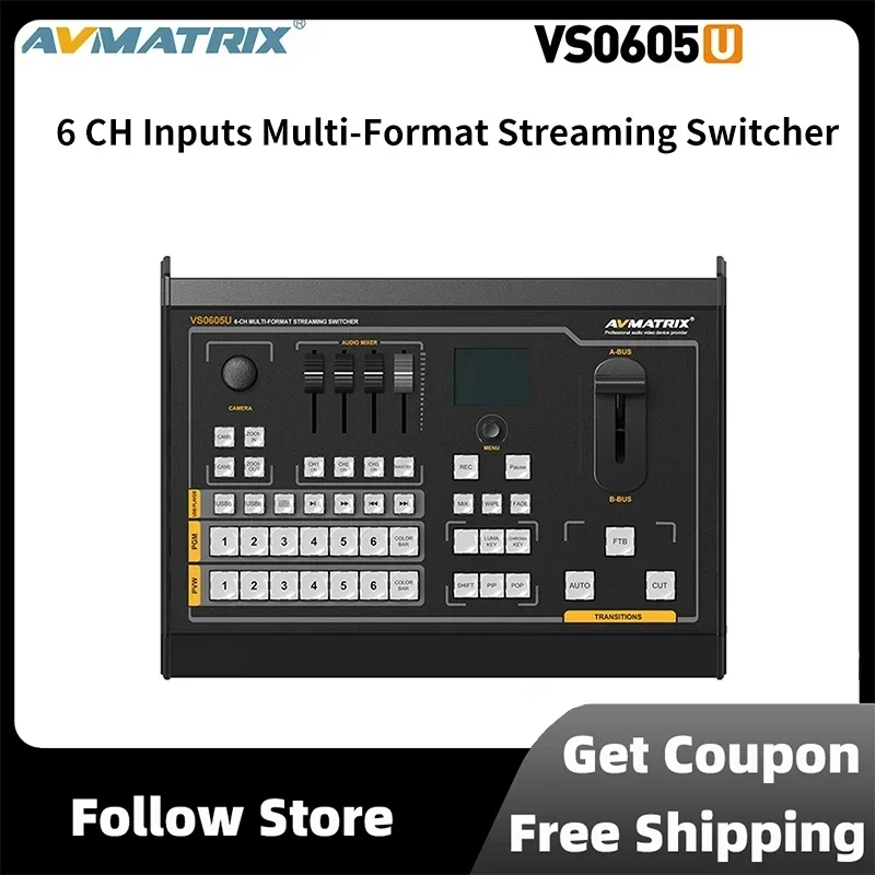 

Avmatrix VS0605U 6 CH Inputs Multi-Format Streaming Switcher With PiP&PoP mode, Audio Mixer Chroma/Luma Key, Record PGM