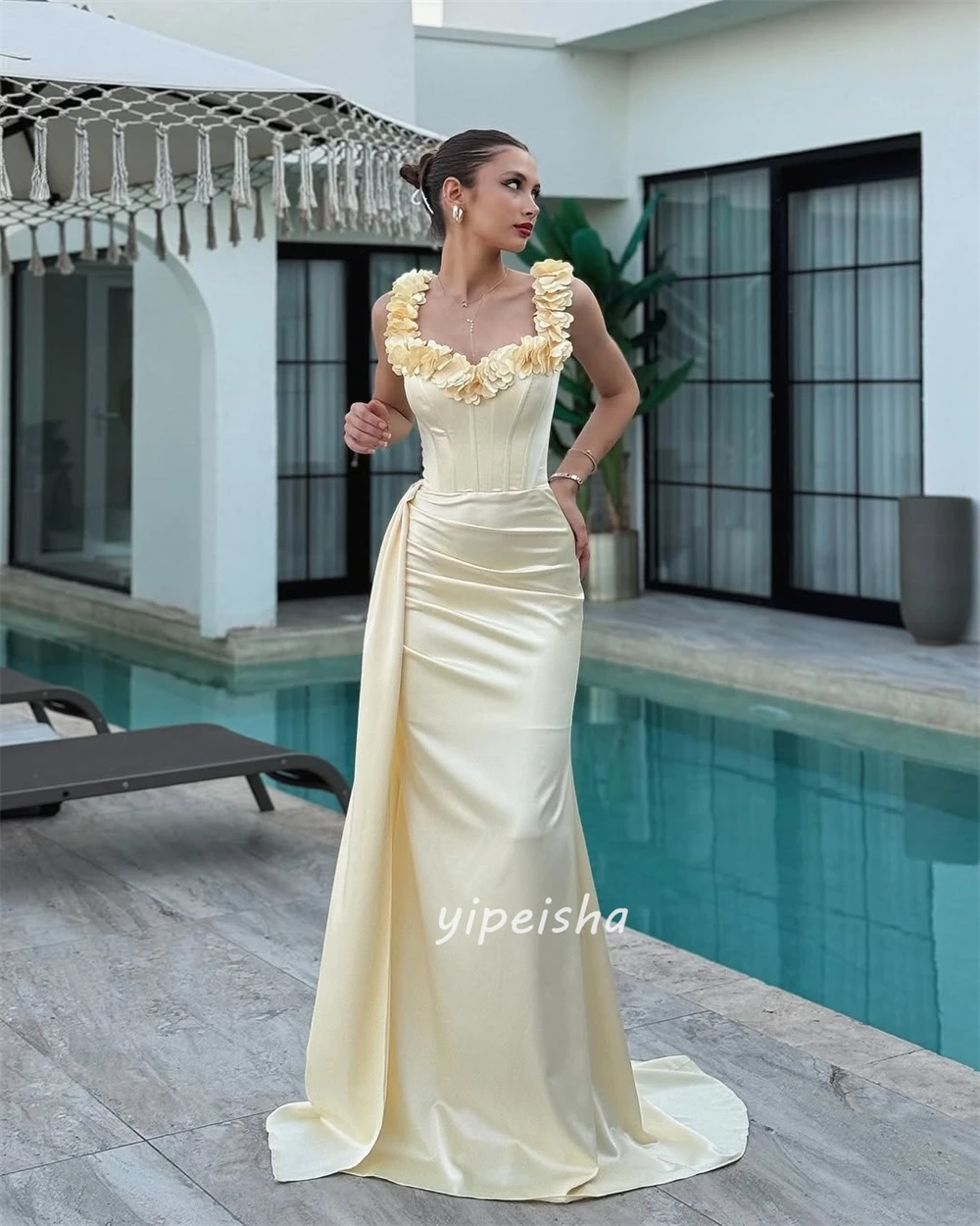 Индивидуальные современные стильные элегантные платья ручной работы с цветочными складками, прямые длинные платья с открытыми плечами, одинаковые платья для особых случаев на заказ