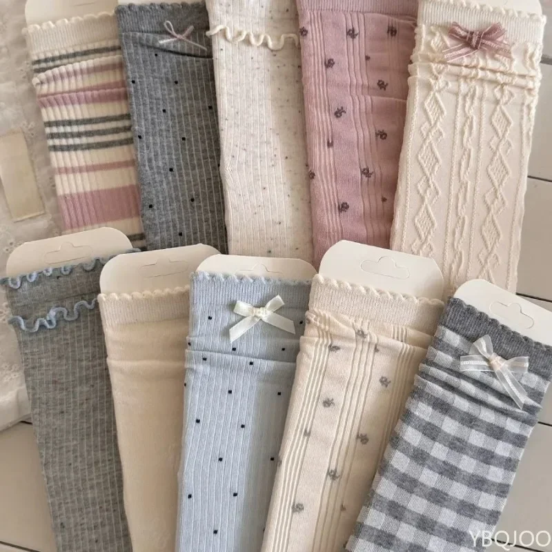 10 Pairs Bow Tie Socks for Women Mid Tube Socks for Spring and Summer Thin Ballet Style Gray Blue Sweet and Versatile Pile Socks