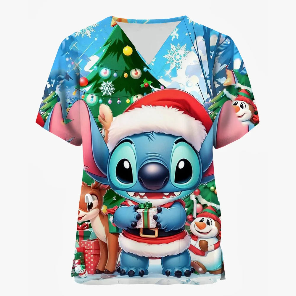 Disney Stitch 3D Print Nurse Medical Uniforms V-neck Short Sleeve Pocket Workwear Top Merry Christmas Scrubs Medical Accessories