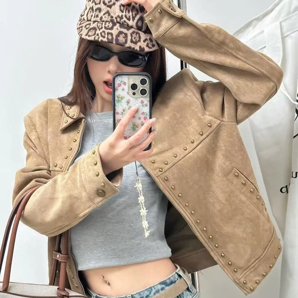 American Retro Spice Girl Rivet Motorcycle Jacket Women's Autumn Street Premium Lapel Groovy Jacket Top