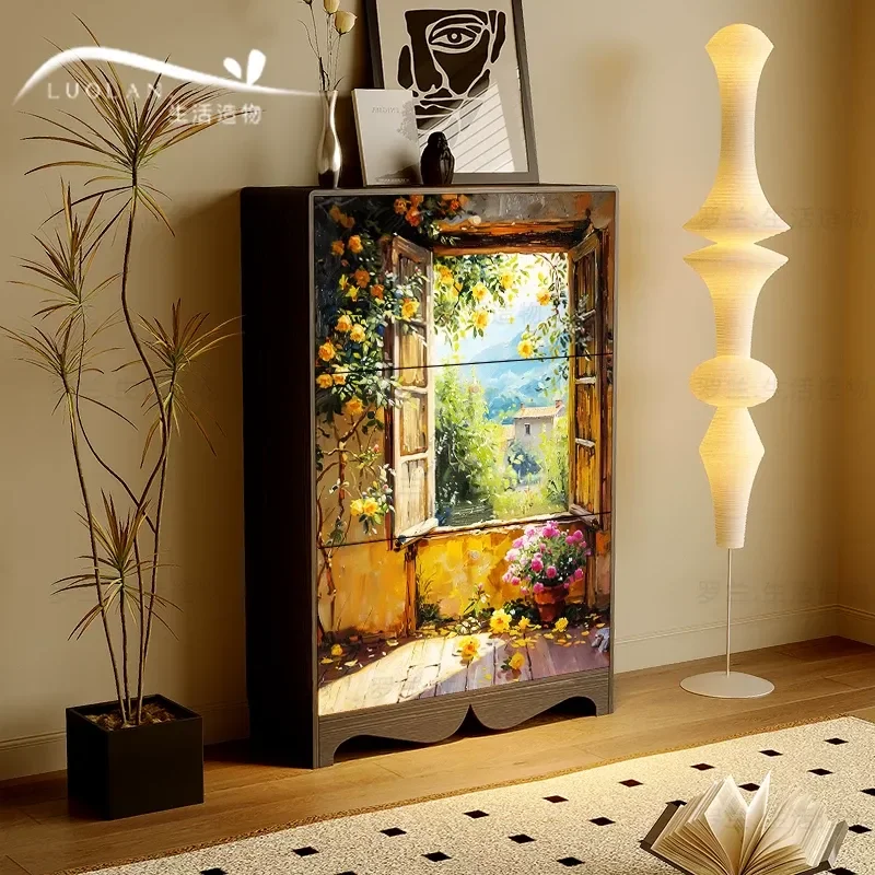 Painted Cream Solid Wood Tipping Bucket Shoe Cabinet Household Entryway Living Room Storage Rack for Elevator Area