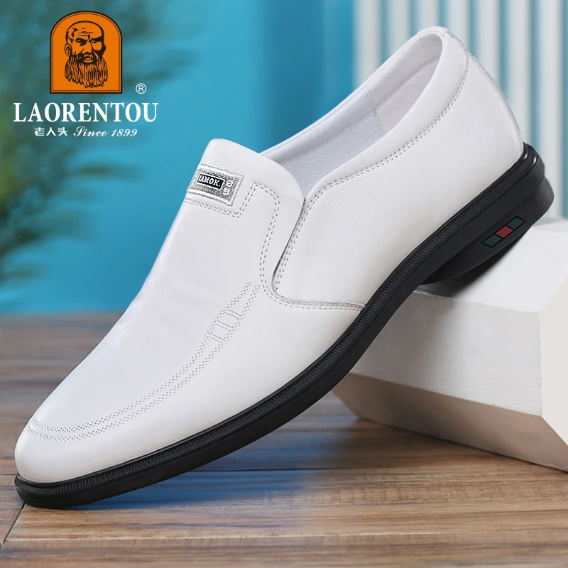 LAORENTOU genuine leather casual leather shoes for men's cowhide breathable soft soles, youth trend leather shoes white/blue