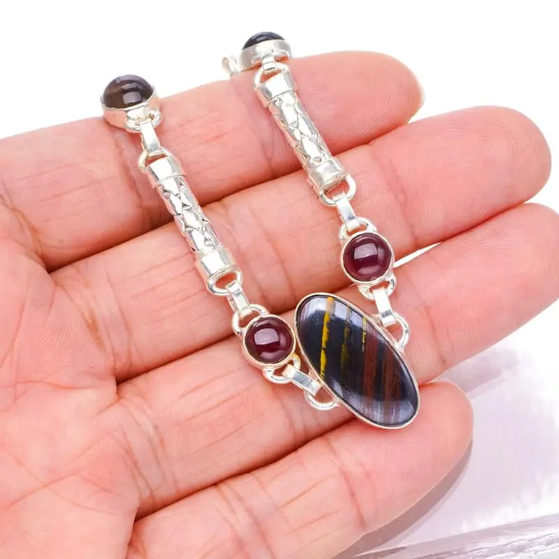 

StarGems Natural Iron Tiger Eye&Amethyst And Smoky Quartz Handmade 925 Sterling Silver Bracelet 6 3/4-8 1/4" F6807