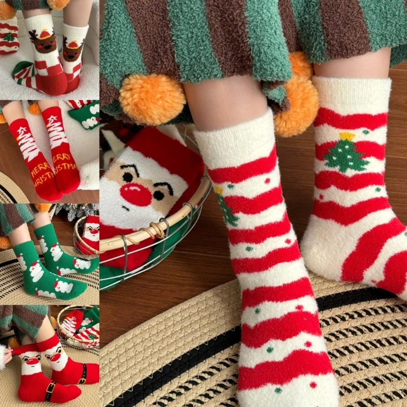 

Warm Soft Coral Velvets Christmas Slippers Socks for Indoor Use Festival Cartoon Pattern Fuzzy Sleeping Floor Socks