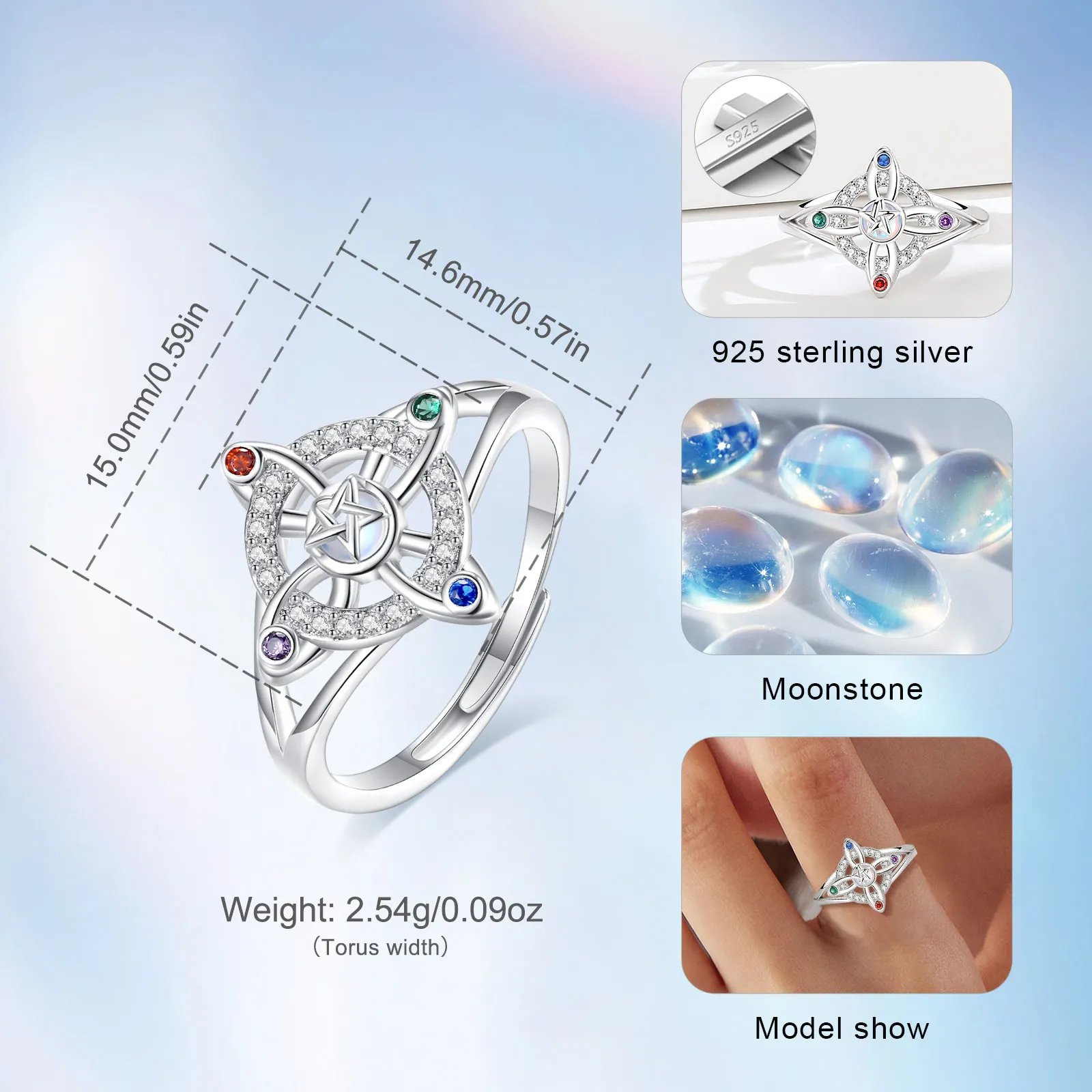 Eudora 925 Sterling Silver Moonstone Witches Knot Adjustable Ring Nudo de Bruja Celtic Knot Ring Wicca Pagan Jewelry Women Gift