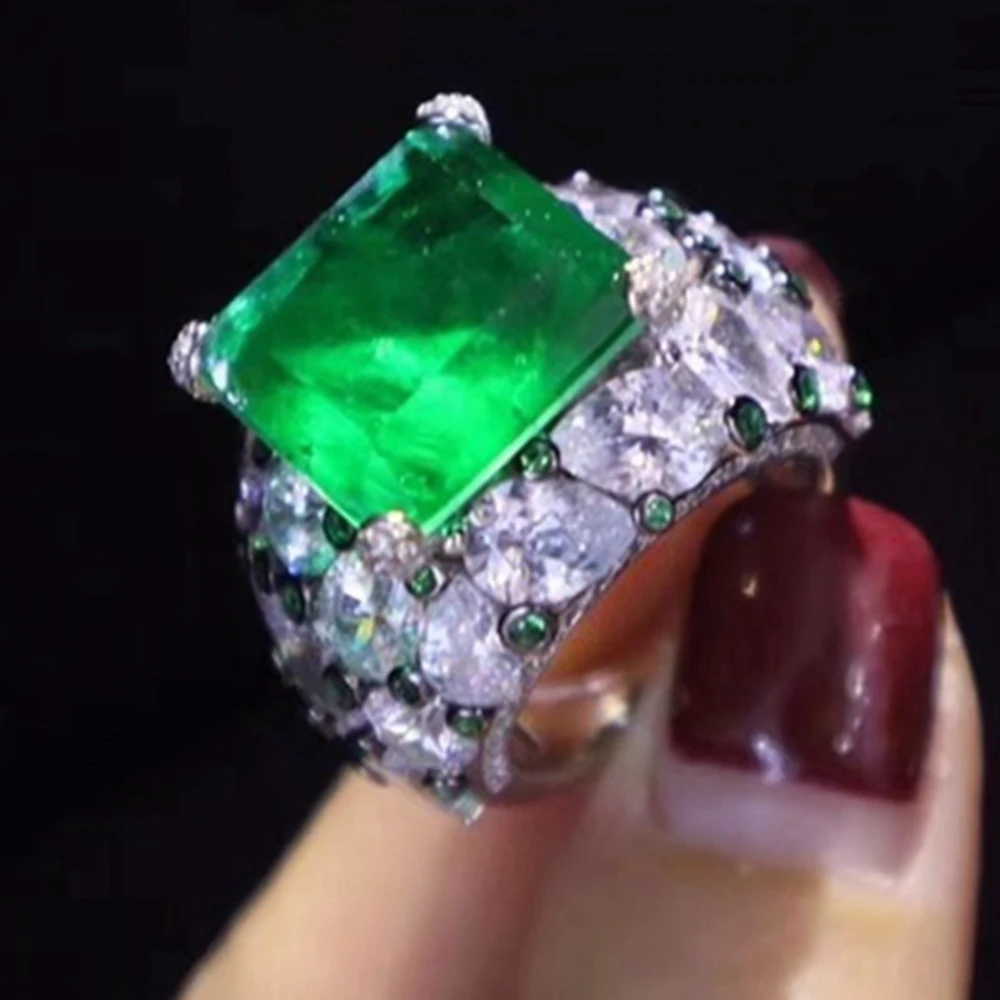 ARIGAYA High Craft Real 925 Sterling Silver With Large Created Green Emerald High Carbon Diamond Gemstone Rings Luxury Jewelry