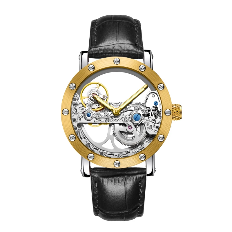 Luxury Brand WOONUN Leather Strap Transparent Dial Golden Case Mens Watches Automatic Mechanical Orologio Men
