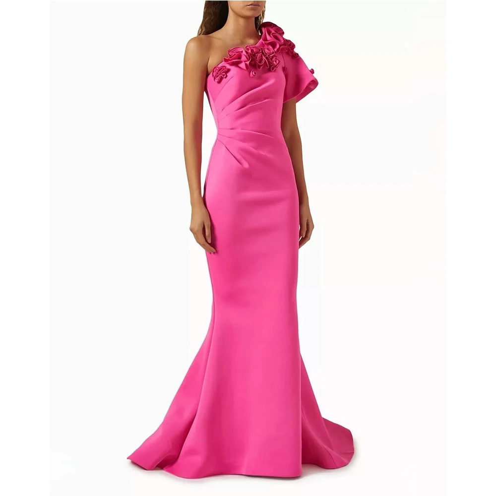 

Customized Classic Pleats Flowers One Shoulder Evening Dresses Graceful Mermaid Satin Short Sleeves Pink Party Gowns فساتين سهرة