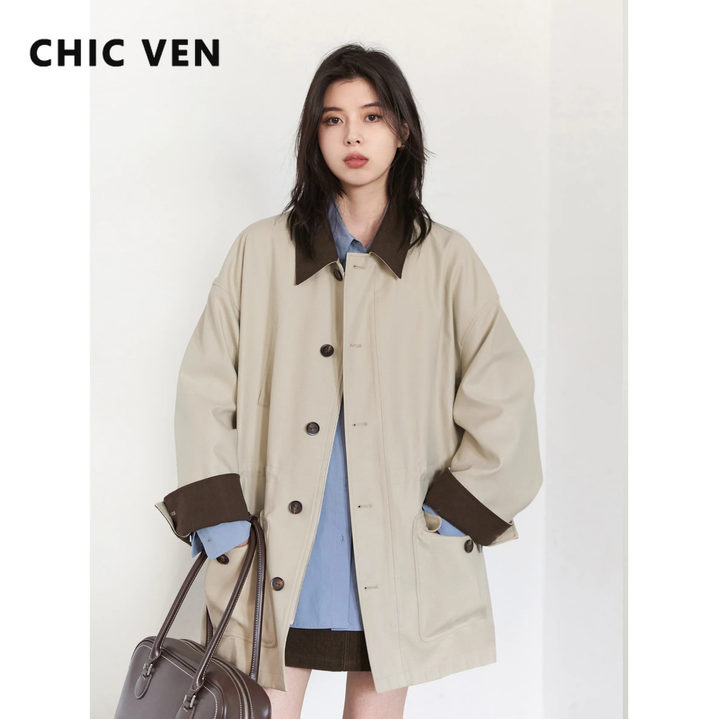 

CHIC VEN Women Trench Coat Loose Single Breasted Corduroy Windbreaker Mid Long Female Outerwear Woman Clothes Spring Autumn 2025