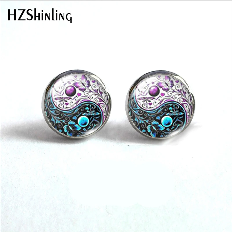 2023 New Arrival Fashion Yin Yang Tai Chi Animals Glass Dome Round Stainless Steel Earring Jewelry Handmade Stud Earrings