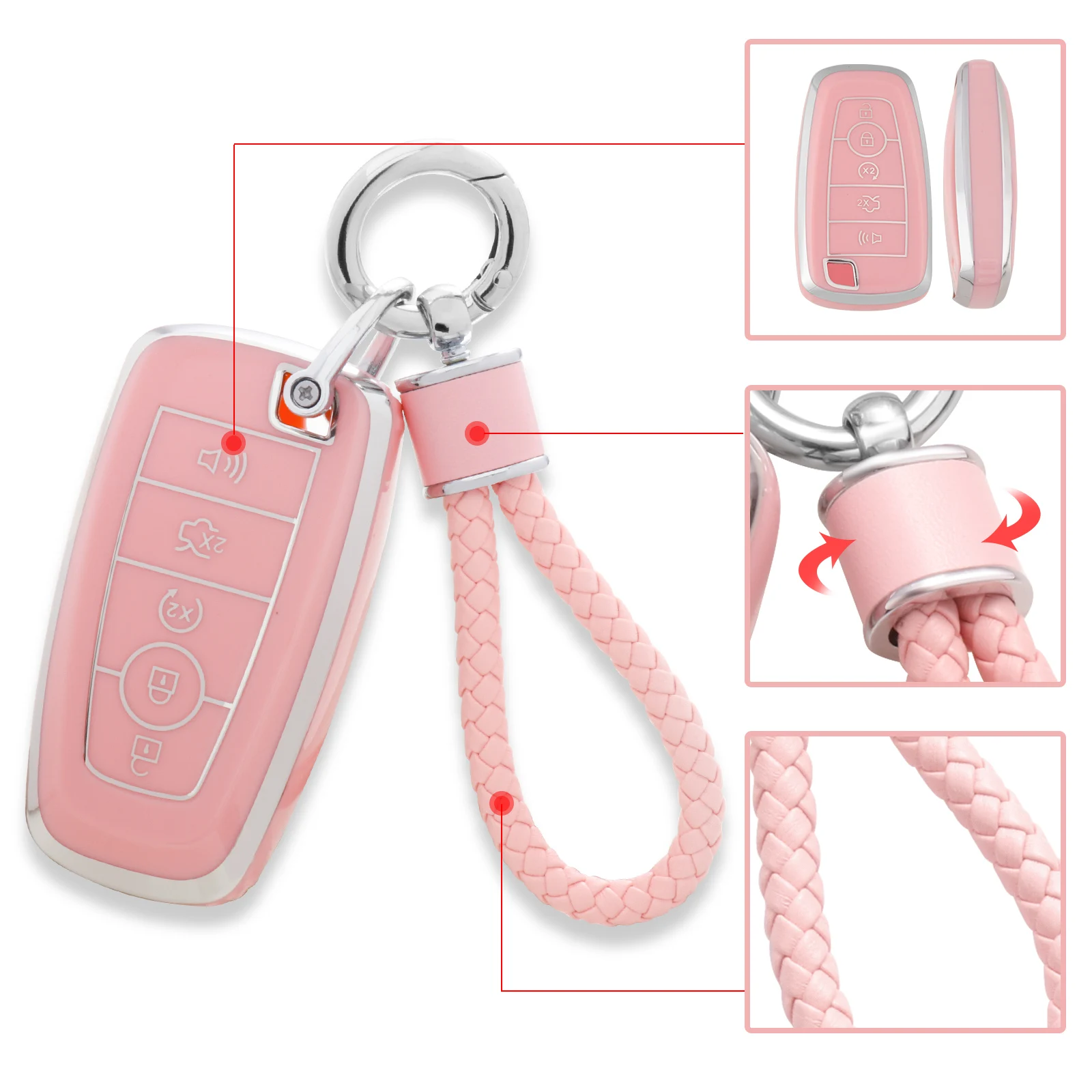 for Ford Key Fob Cover with Keychain, Pink Soft TPU Key Case Protection Fit for Edge Escape Expedition Explorer Fusion Mustang R