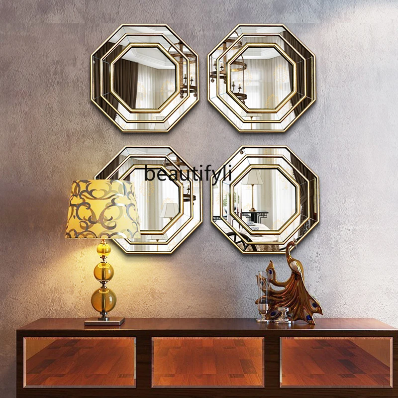 

European wall restaurant combination decorative mirror light luxury background wall entrance creative octagonal mirror