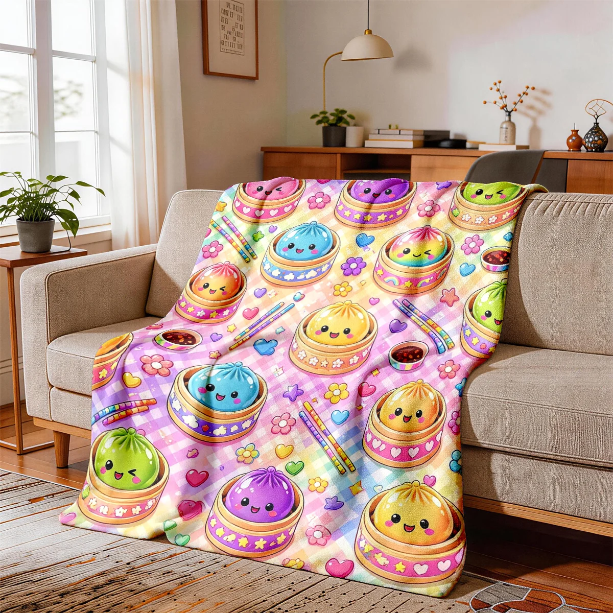 1pc Macaron Checkered Cartoon Colorful Dumpling Heart Flower Theme Flannel Blanket - Large Size, Soft, Lightweight, And Warm, Su