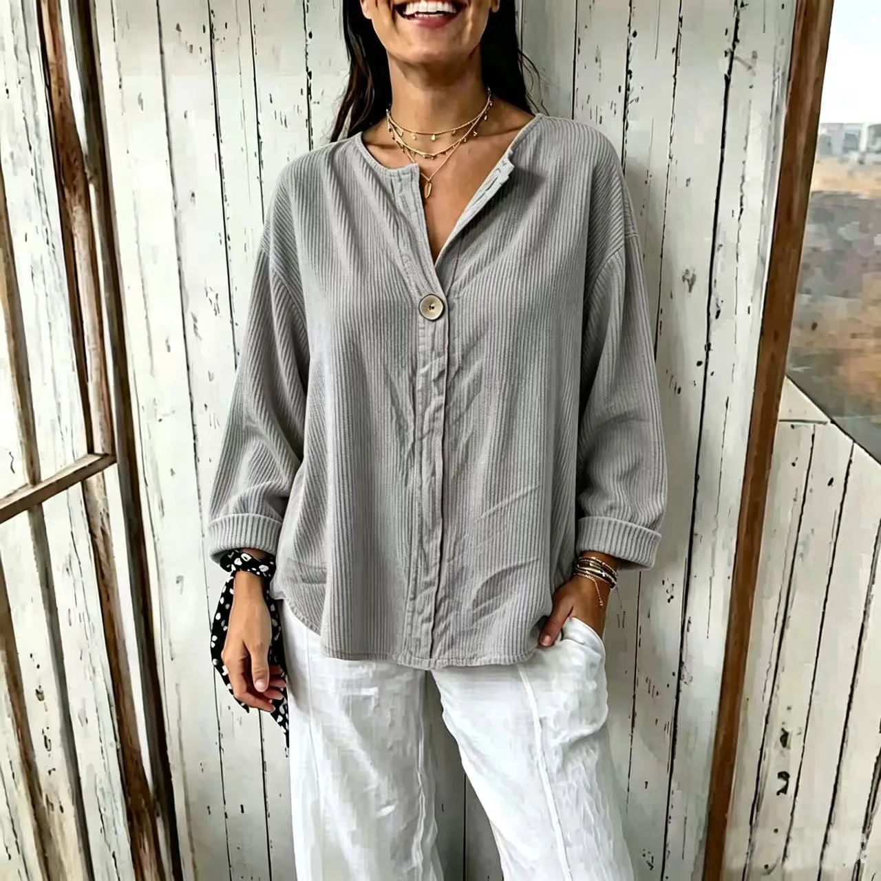Women's Linen Blend Long Sleeve Shirt Stand Collar Half Button Front Casual Loose Fit Versatile Commute Office Daily Wear Blouse
