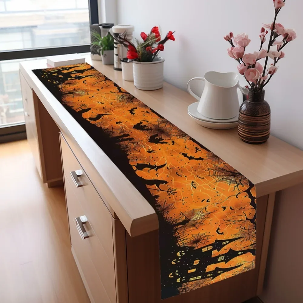 

1Pc Halloween Themed Table Runner, Orange and Black with Castle, Ghost and Pumpkin Pattern, Suitable for Parties, Restaurants, H