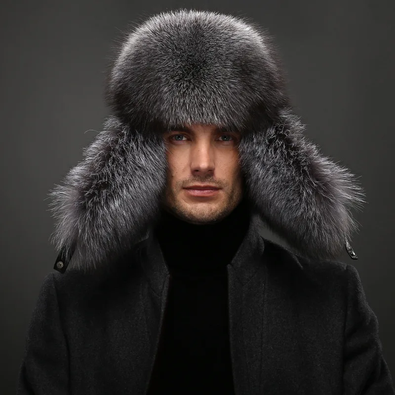 Hot high-end luxury fur hat Men\'s fox fur hat Lei Feng cap ear cap fur necessary hat Real fur hat 100% Sheepskin top fox hat