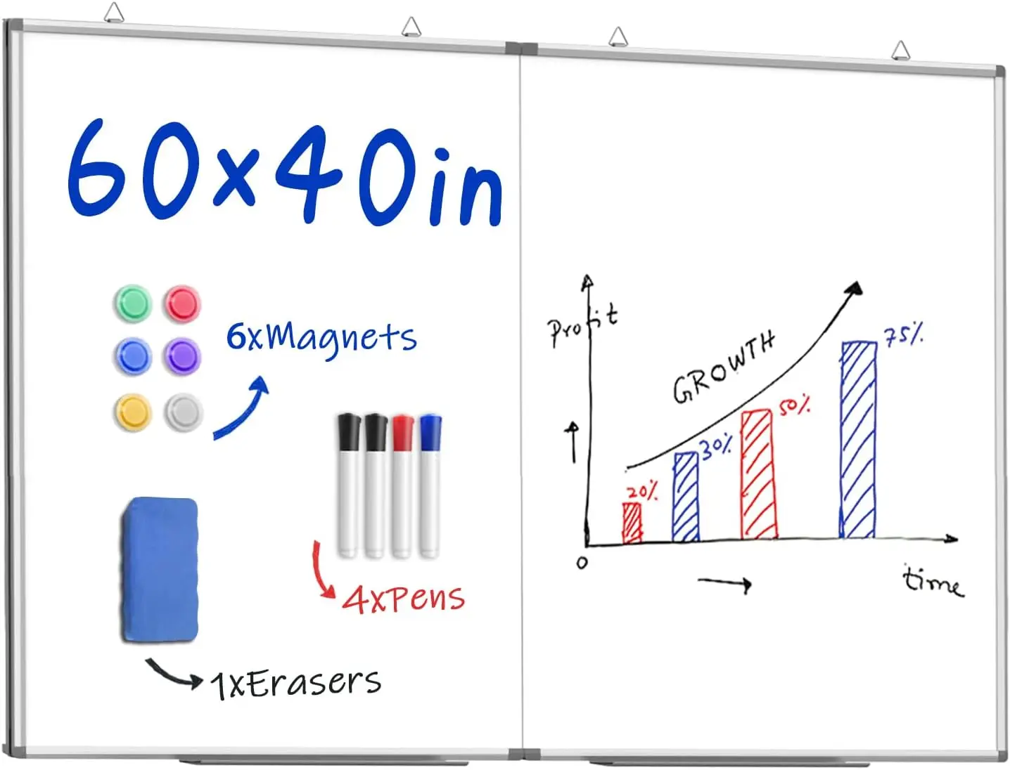 

Большая магнитная доска для сухого стирания, 60x40 дюймов, с маркерами, ластиками и магнитами, серебристая алюминиевая рама