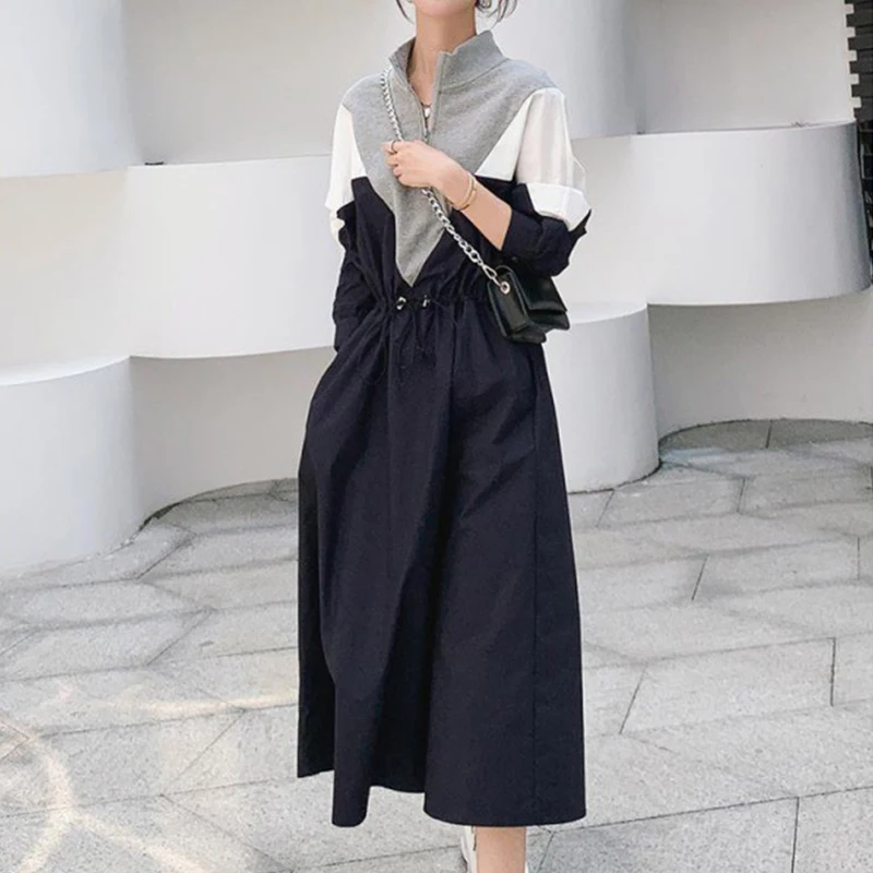 New Contrast Color Casual Dress Women 2024 Spring Autumn Loose Fit Half Open Collar Fashion Dresses Streetwear Commuting Dress