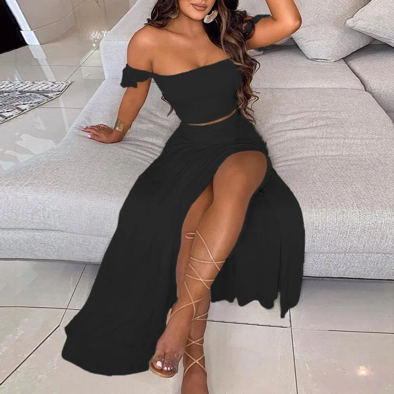 Two-Piece Set Women Sexy Off-Shoulder Smocked Tube Top Floral High-Waist Split Maxi Skirt Boho Suit Summer Women Casual Sets