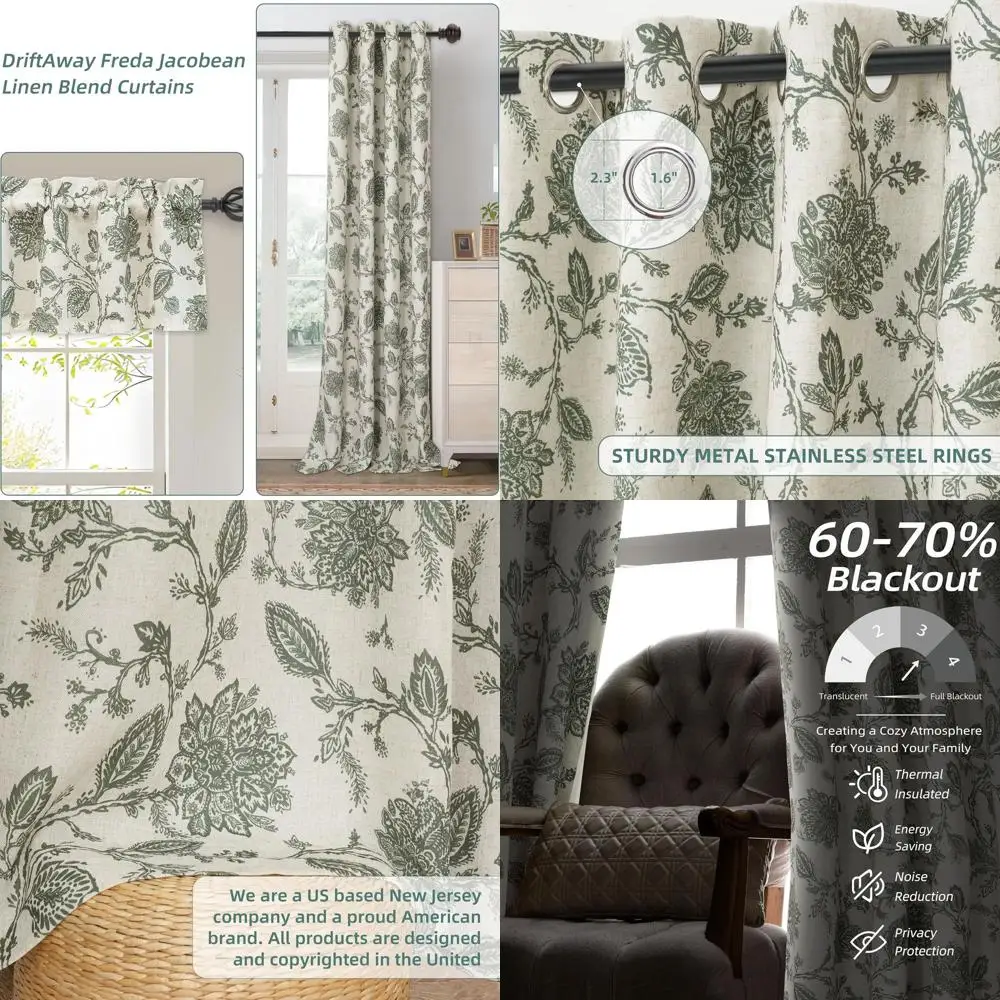 

Green Paisley Linen Blackout Curtains, 96 L, for Living Room/Bedroom, 2-Panel Set, Lined with Grommet, Thermal Insulated, Farmho