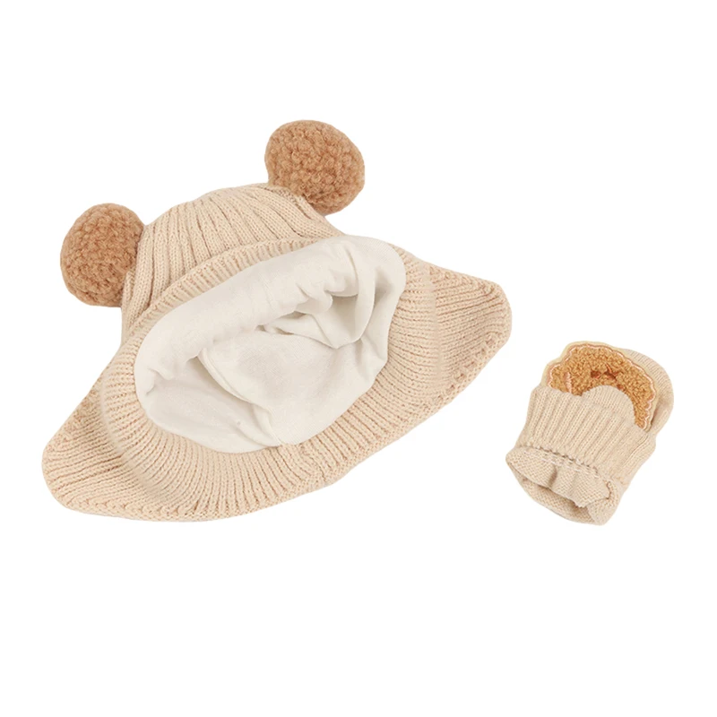 Kids Hat and Gloves Set Cartoon Bears Winter Knit Beanie and Mittens for Toddler Cold Weather Accessories