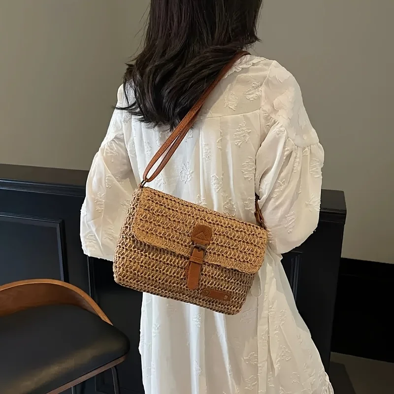 Vintage Vacation-style Woven Straw Women's Crossbody Bag, PU-patched Shoulder Strap, Lightweight and Compact Openwork Messenger