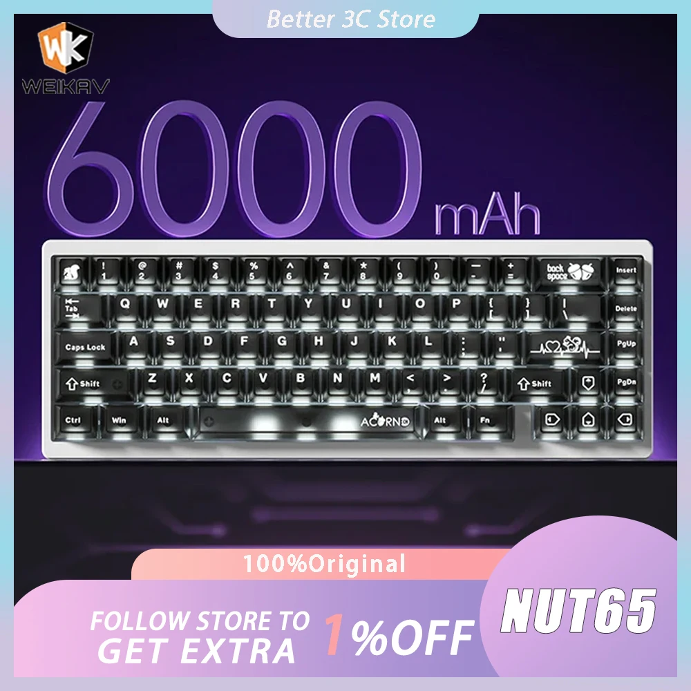 

WEIKAV NUT65 Mechanical Keyboard Kit Aluminium Alloy Three Mode Gasket Gaming Keyboard Quick Disassembling RGB QMK/VIA PC Gamer