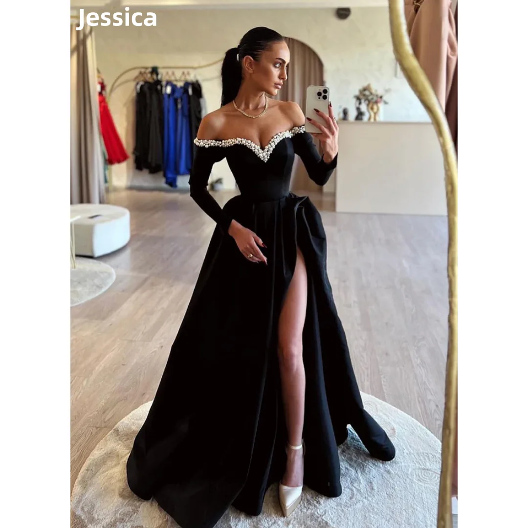 Jessica Black Elegant Wedding Dress Luxury Long Sleeve Pearls Prom Dresses A-line Side Slit Ladies Bespoke Occasion Dresses