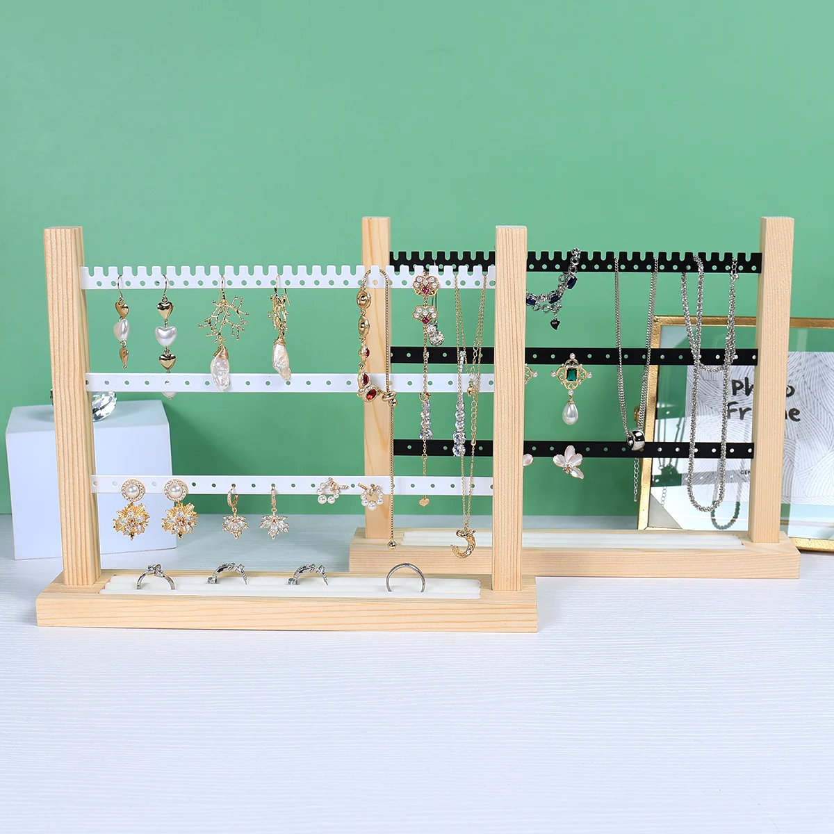 A Piece of Nordic-Style Solid Beech Ring Storage Rack with Multi-Tiered Sections for Hanging, Dust-Proof and Aesthetically Pleas