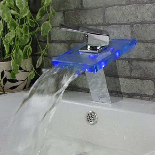 Becola Bathroom Waterfall Water Outlet LED Modern Fashion Basin Faucet Glass Brass Bathroom Deck Installation Sink Faucet