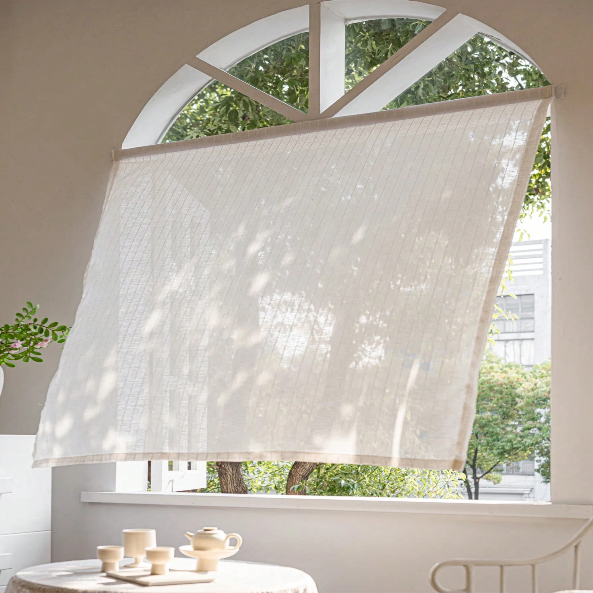1pc Modern Japanese-style linen-feel Velcro curtains for rental apartments,self-adhesive,breathable,for bedrooms,living rooms