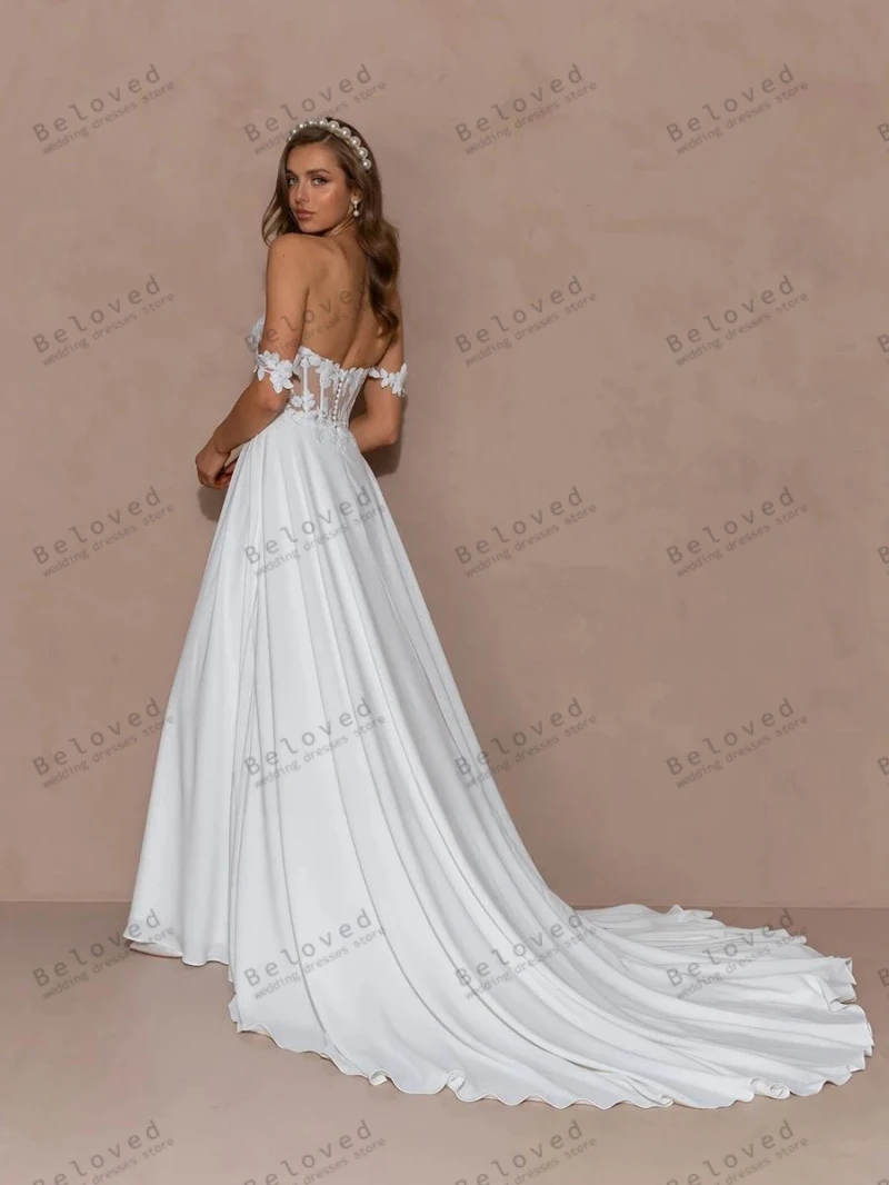 Abiti da sposa glamour abiti da sposa Vintage Appliques di pizzo abiti in Chiffon con spalle scoperte spacco alto piuttosto Vestidos De Novia