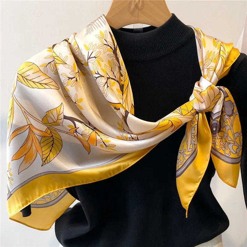 1pcs 70cm Fallen Leaf Autumn Yellow Silk Scarf for Women Simulated Silk Elegant Fresh and Versatile Headwear and Clothing